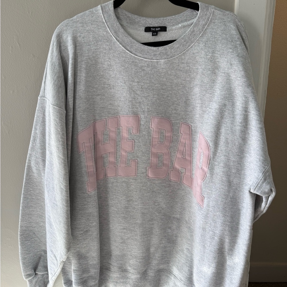 The Bar Crewneck Sweater in Gray and Pink